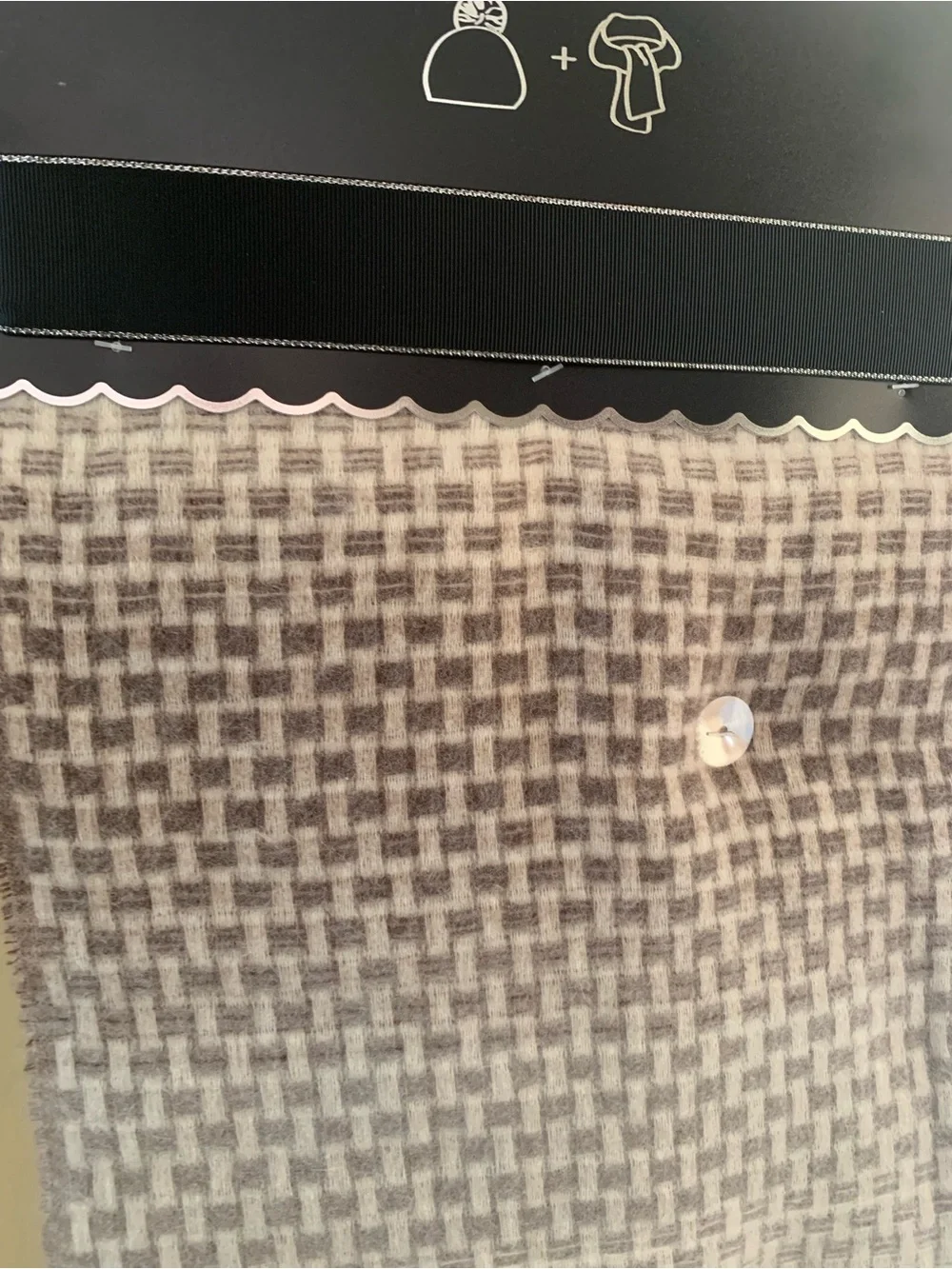 Vince Camuto Ivory Knit Beanie with Faux Fur Pom & Cream Plaid Scarf